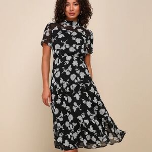 NWT Lulu's Dressed Up Black Floral Print Midi Dress Size L Wedding Guest Funeral